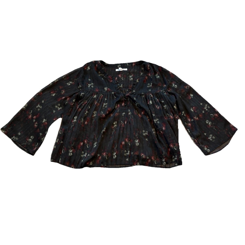 Avec Les Filles Pleated Top Womens Blouse Medium Sheer Black Floral Bell Sleeve